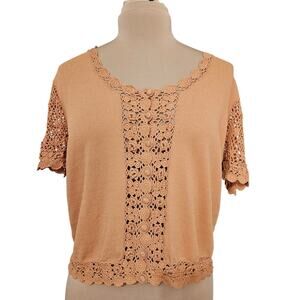 Anne Klein Tan Crochet Knit Top XL Short Sleeve Boho Blouse Cropped Y2K Stretchy